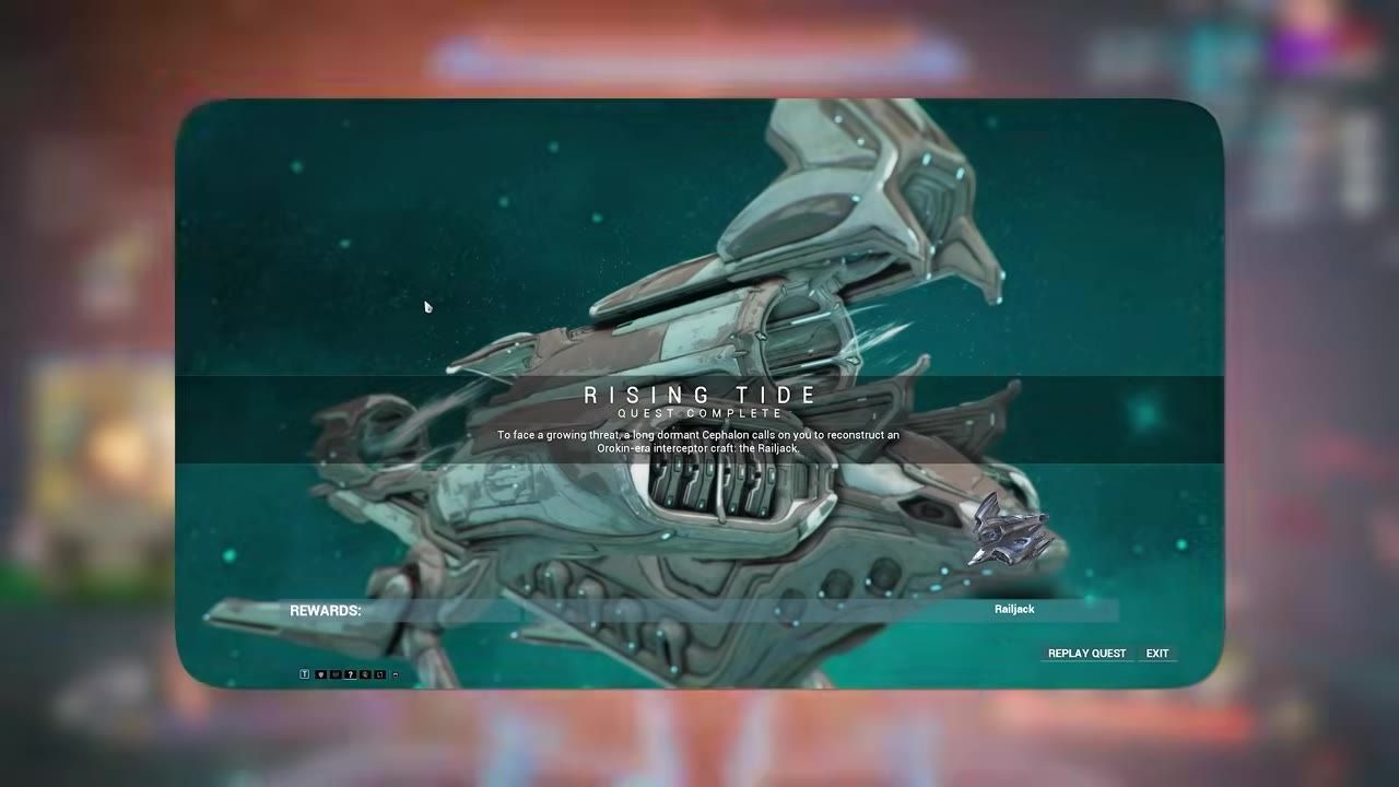 Rising Tide quest completion message showing Railjack and rewards.