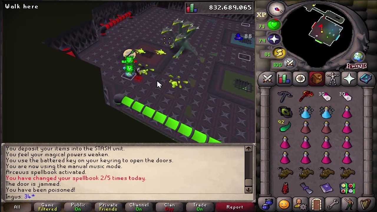 Gameplay showing a player fighting the Hydra boss in a designated chamber with visible mechanics and surroundings.