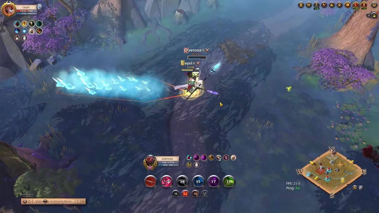 Game scene showing a player character casting spells in a colorful forest environment.