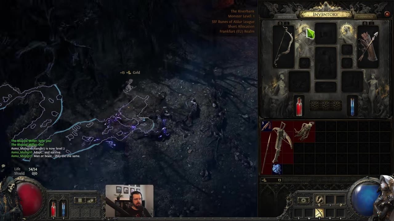 A game interface showing a character inventory with equipped gear and items, alongside game environment.