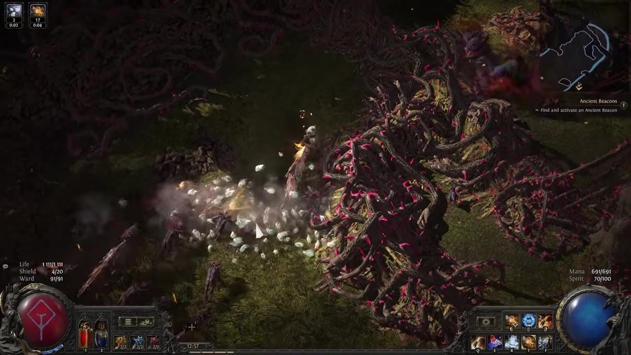A game scene from Path of Exile 2 showing a character attacking enemies amidst a forest with twisting branches.