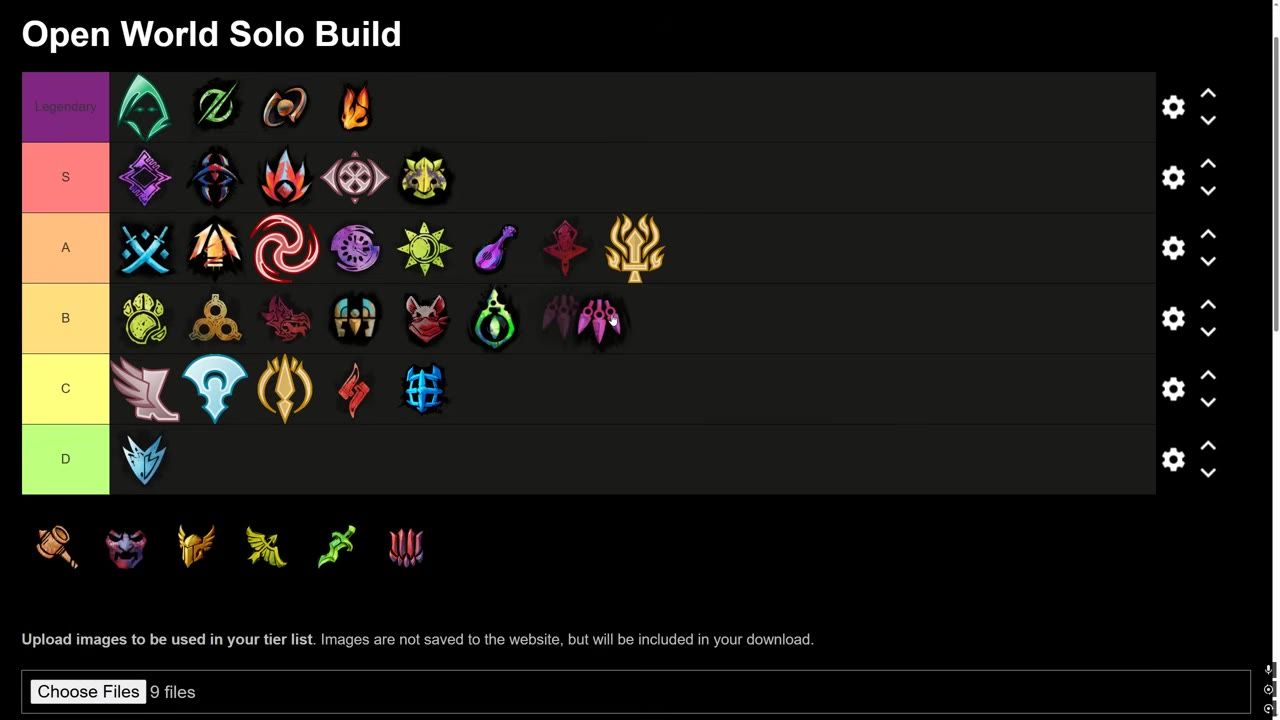 A tier list titled Open World Solo Build ranks multiple Guild Wars 2 elite specialization icons from Legendary to D, with upload controls below.