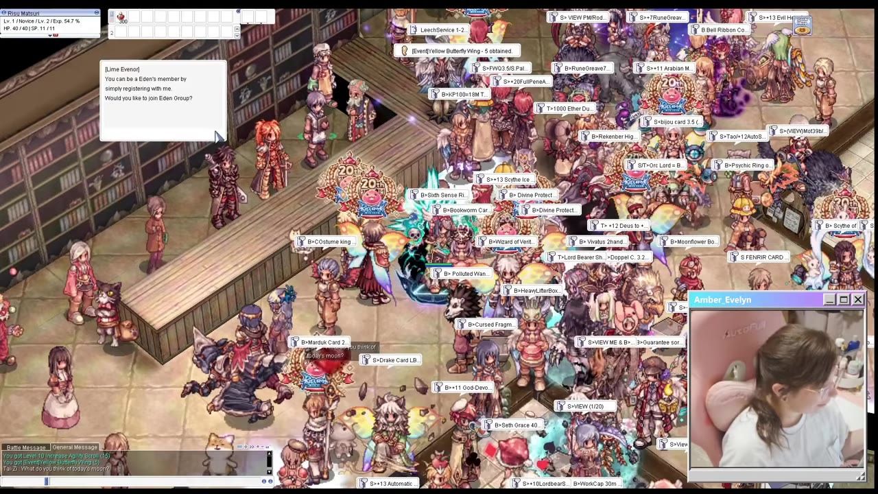 A game character stands in a crowded town area beside an NPC dialogue box asking whether to join Eden Group, with many players and shop labels around them.