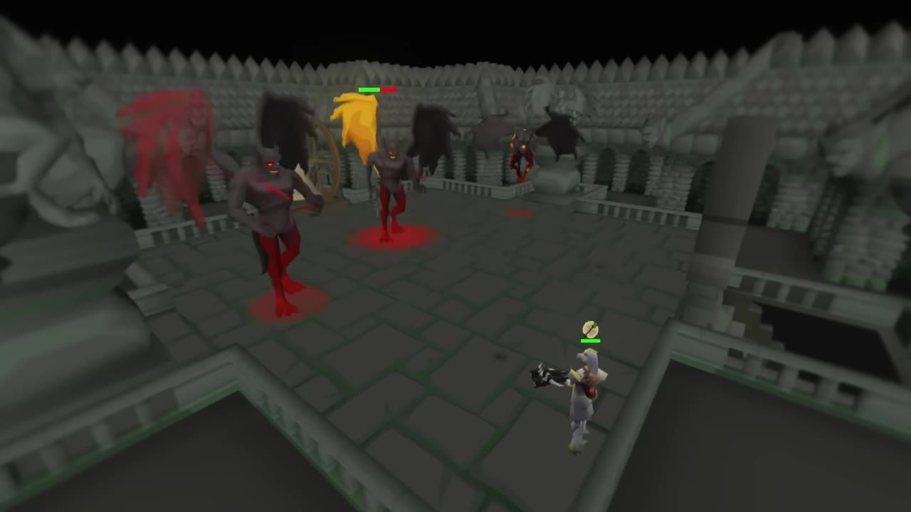 A character wielding a crossbow facing demon-like enemies in a fortress environment.