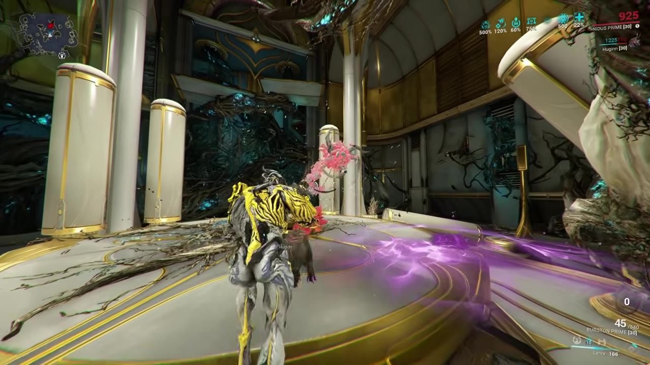 A Warframe character using the Larva ability with visible purple tendrils.