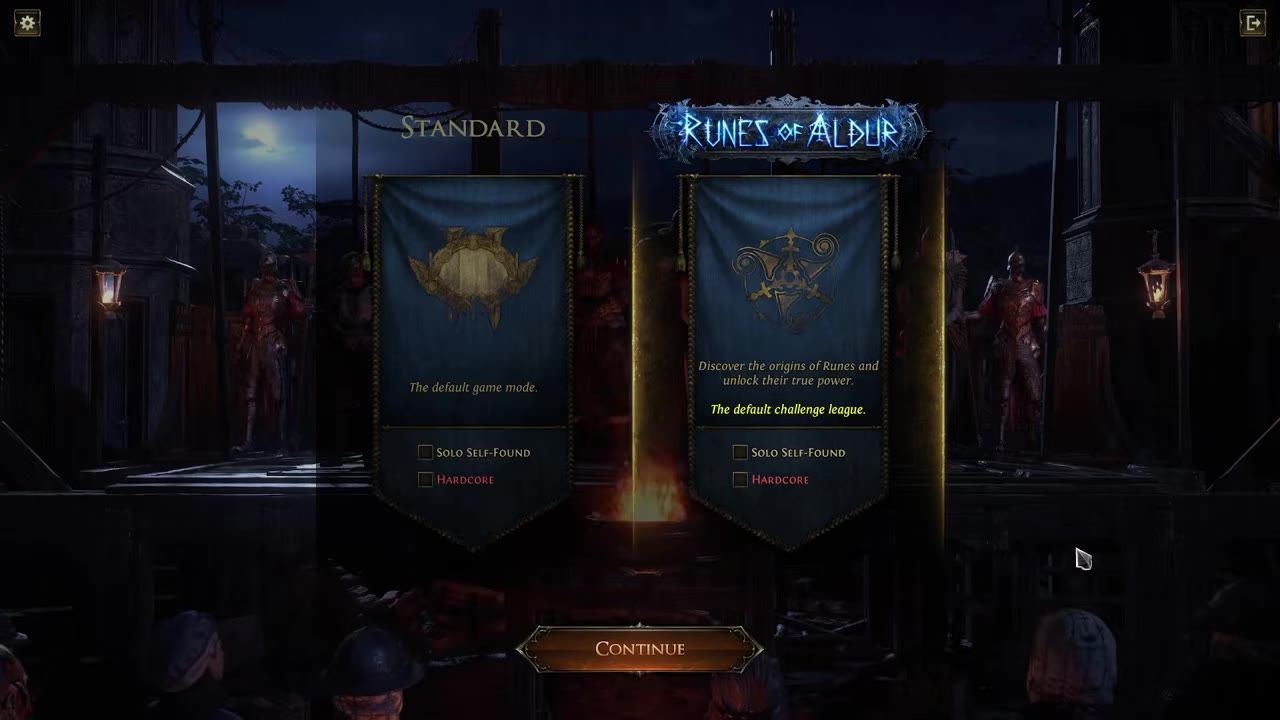 A game screen showing two league options: Standard and Runes of Aldur, each with additional settings for Solo Self-Found and Hardcore modes.