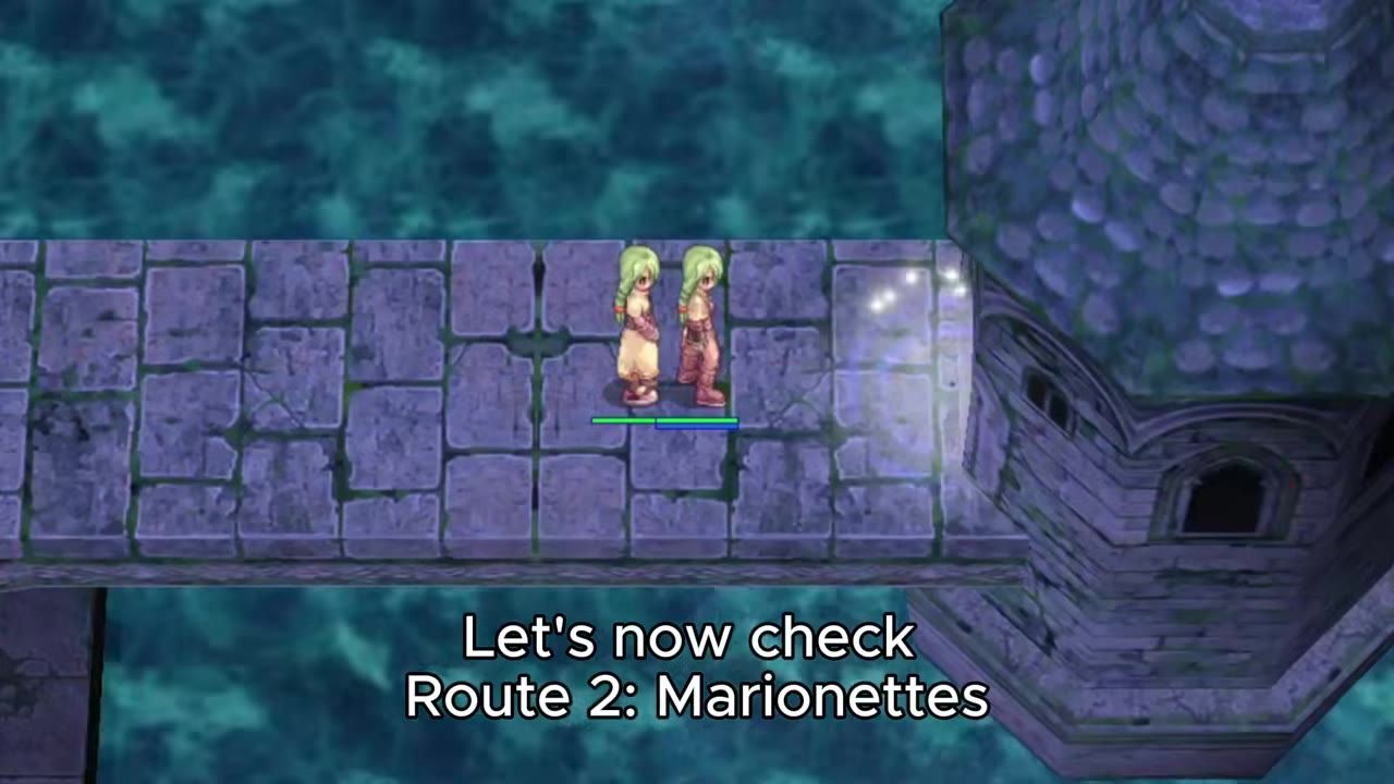Two characters stand on a stone walkway beside a tower above dark water, with on-screen text reading "Let's now check Route 2: Marionettes".