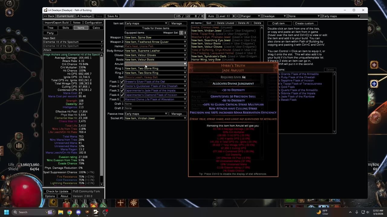 Inventory screen in Path of Exile showing equipped items, including Hyrri's Truth and Rat's Nest, with their details highlighted.