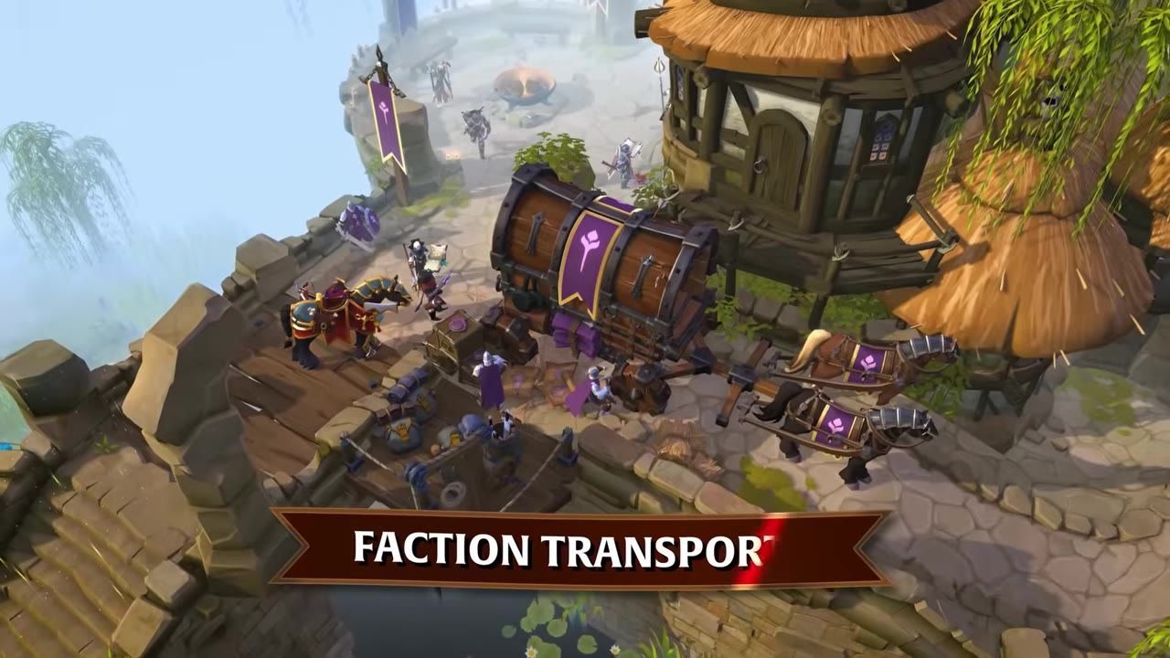 A scene in a medieval-themed game showing players interacting near a depot and horses, with banners and structures around.