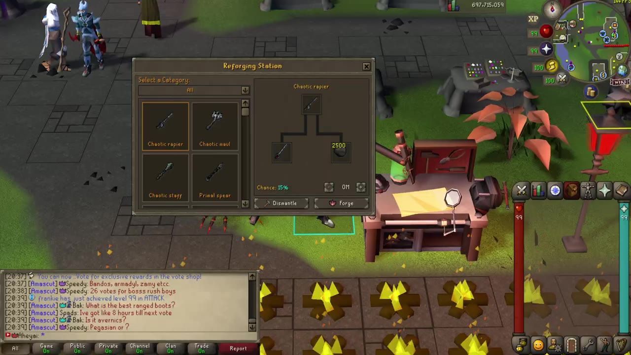 A game interface showing a Reforging Station with upgrade options and an inventory grid.