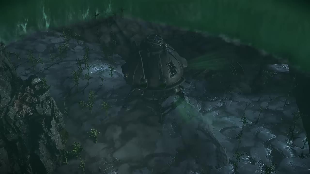 An underwater exploration vehicle, likely a bathysphere, located on a rocky ocean floor surrounded by vegetation.