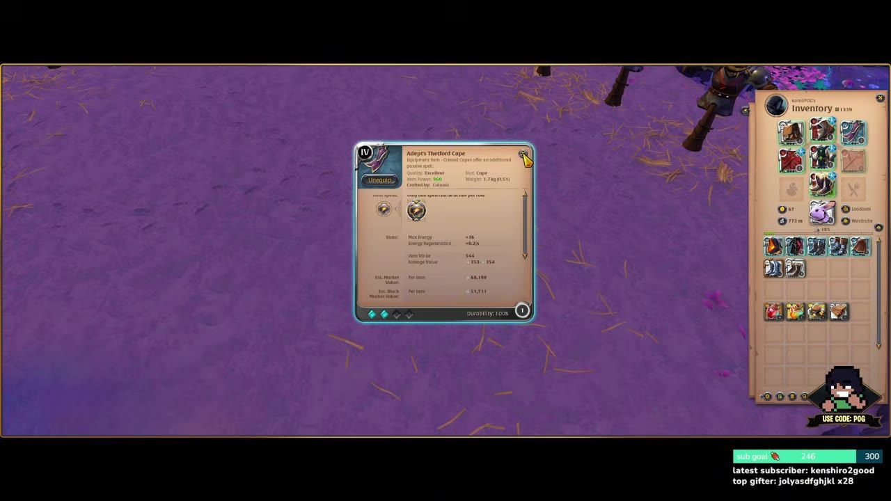 An inventory screen showing various equipment items, with Thetford Cape details highlighted.
