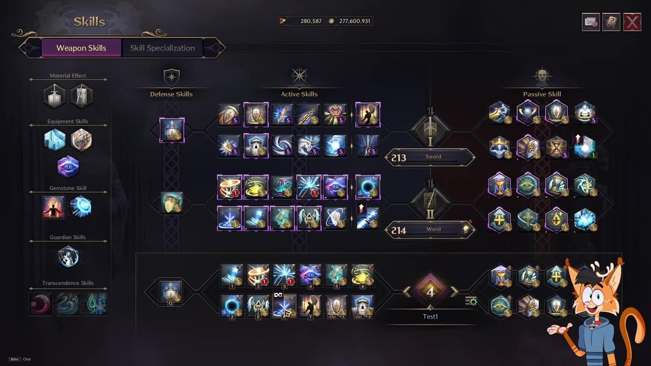 A game skills menu shows weapon skills, passive skills, and active skill icons arranged in build trees for sword and wand.