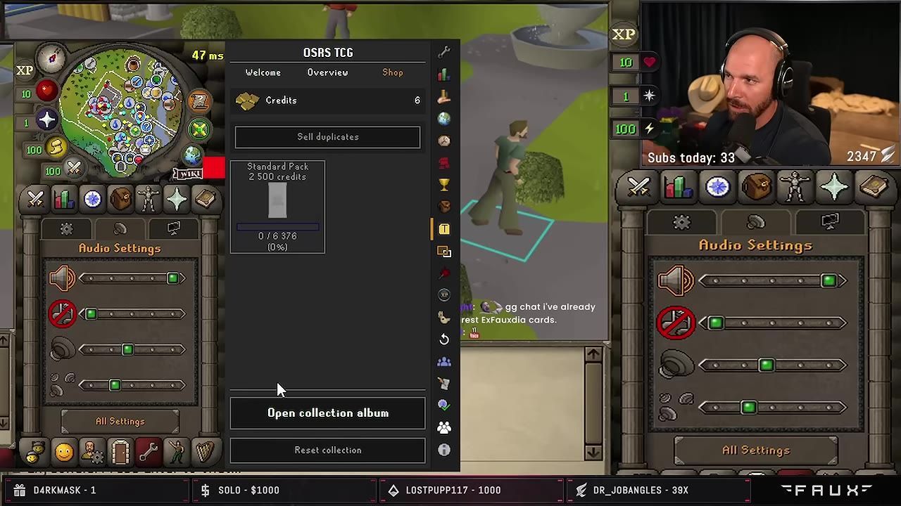 The OSRS TCG plugin interface showing credits and an empty collection.