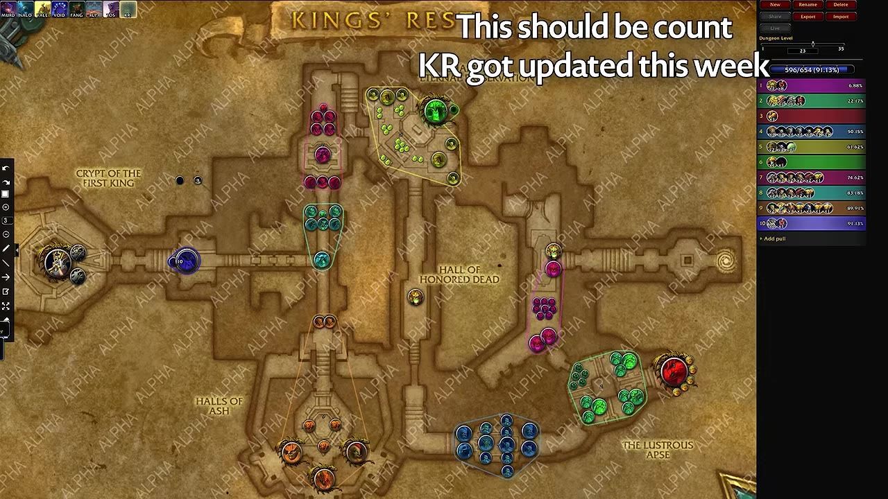 Display of the MDT screen showing King's Rest dungeon map and pulls.