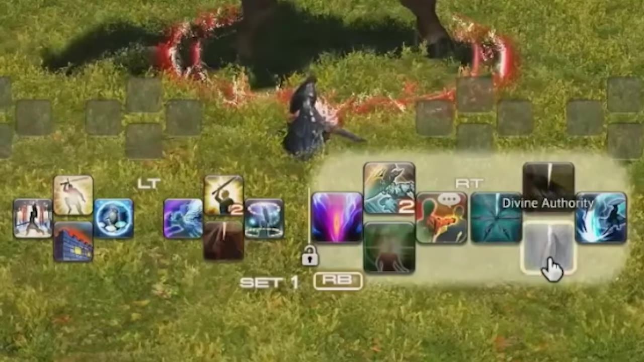 Game interface showing a set of abilities with icons for spells and attacks labeled with names.