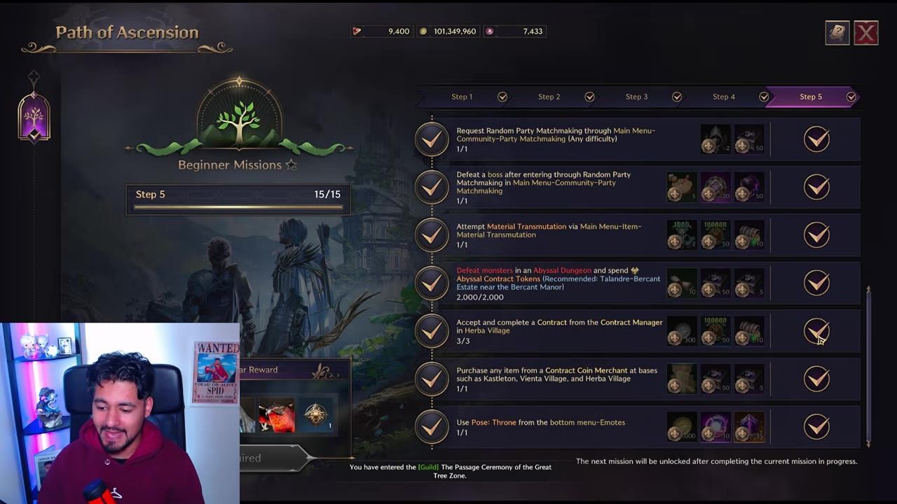 Game interface showing Path of Ascension with a list of completed beginner missions, rewards, and player progress.