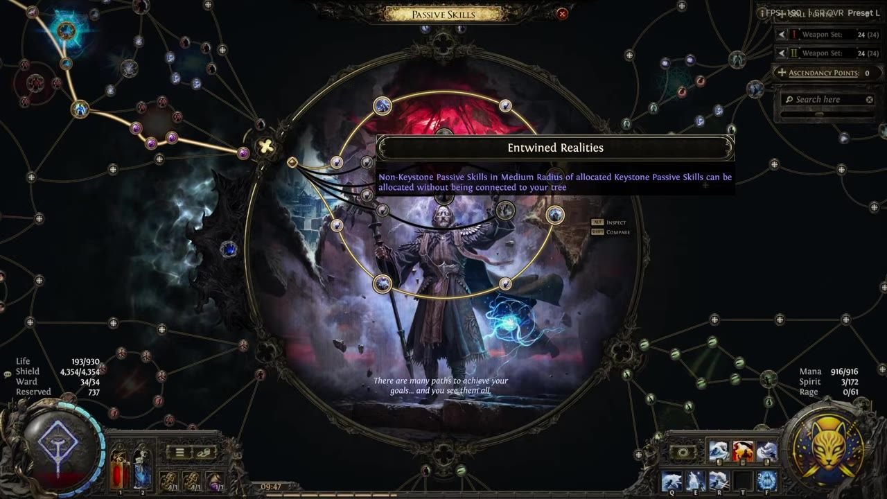 Game screen showing Path of Exile 2 passive skill tree with nodes highlighted.