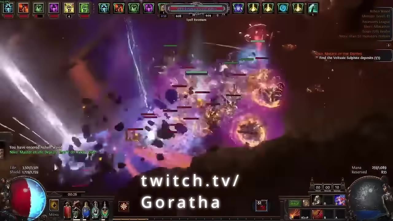 Game screen showing active combat with many effects and abilities visible.