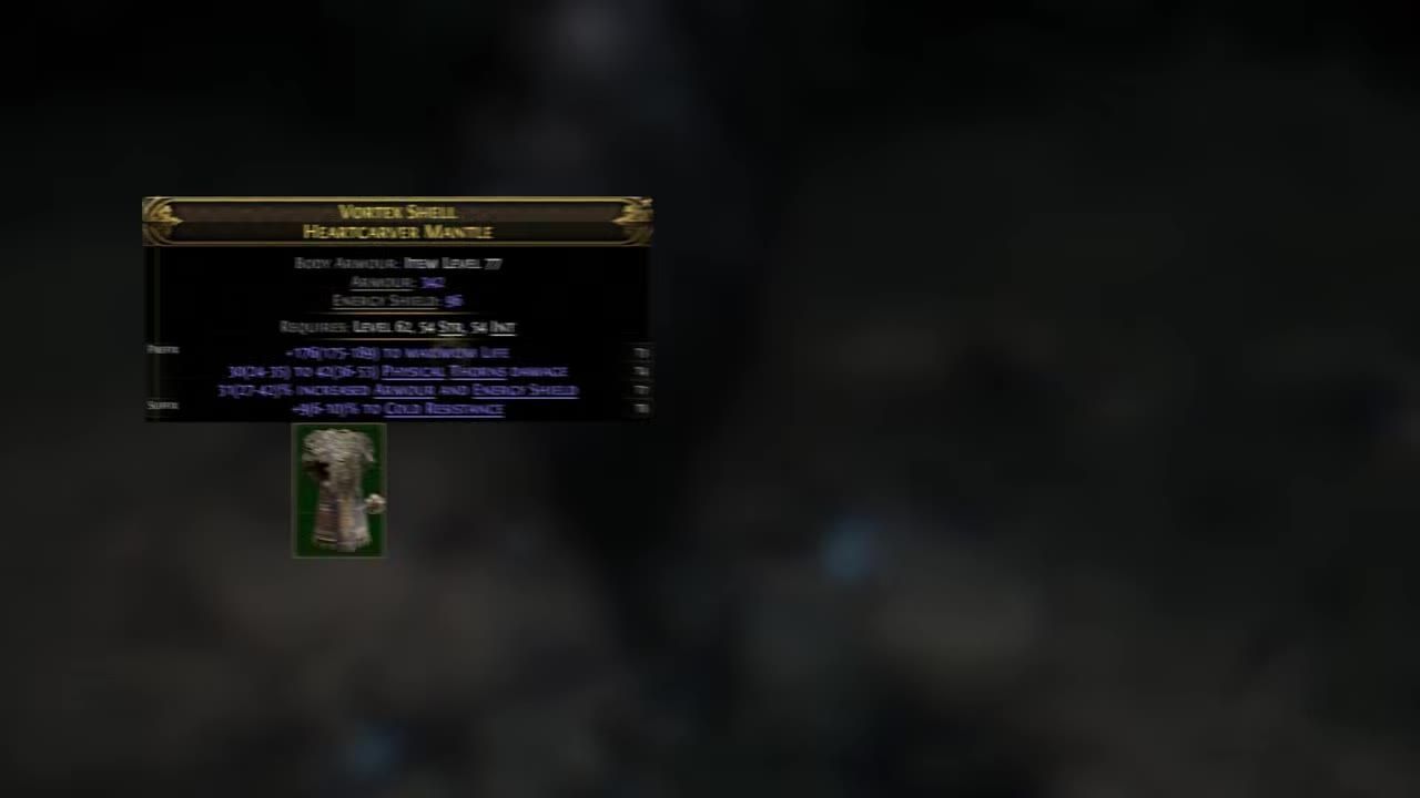 Game screen showing a yellow body armor item in detail including its attributes and modifiers.