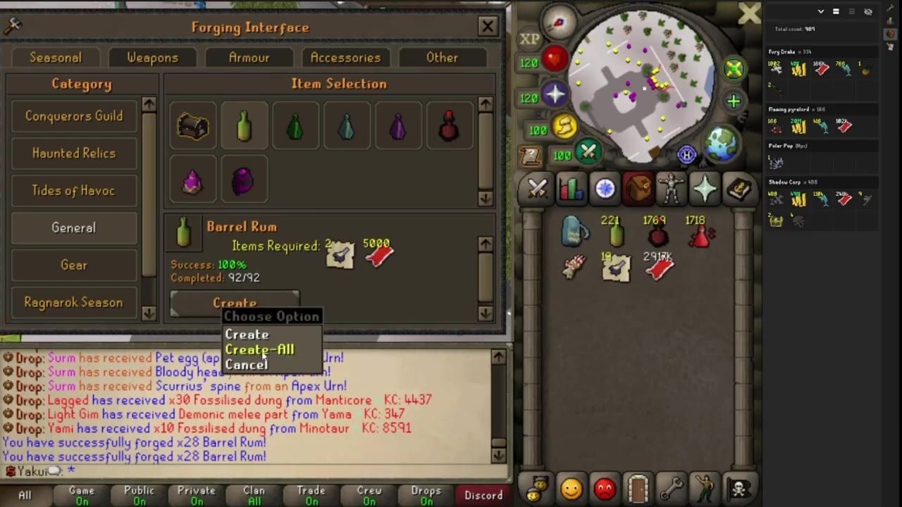 Game interface showing the forging menu and the Barrel Rum craftable option highlighted.
