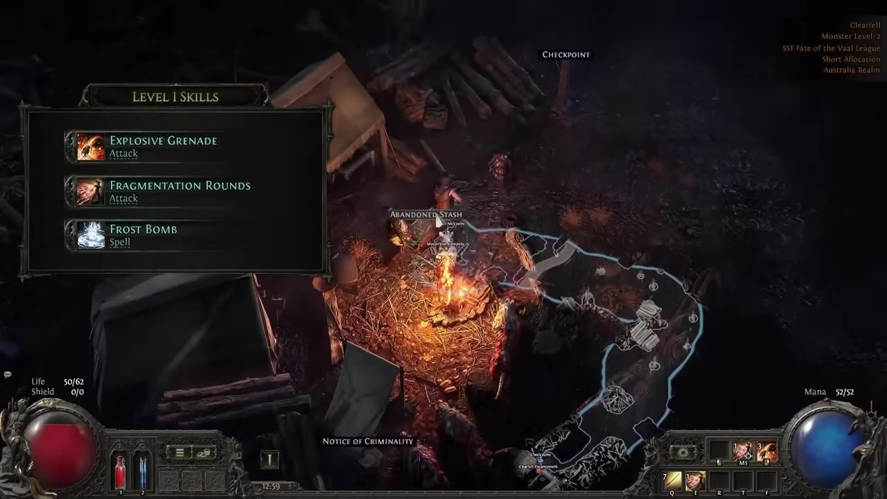 The game interface showing the available skills selection, with Frost Bomb included as a spell.