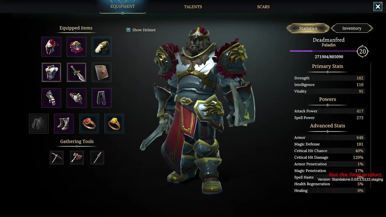 Inventory and character screen with equipped gear and stats displayed.