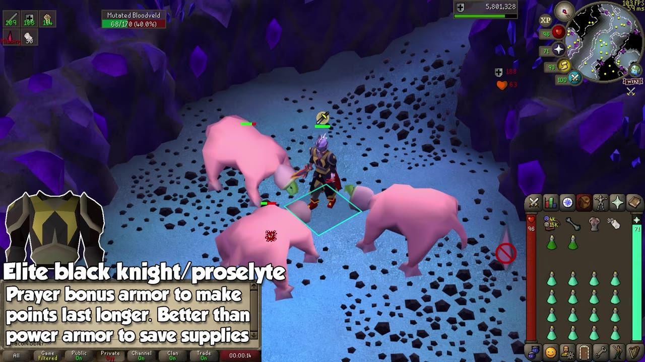 Game screen showing a character fighting mutated bloodvelds wearing knightly equipment, surrounded by purple glowing rocks.