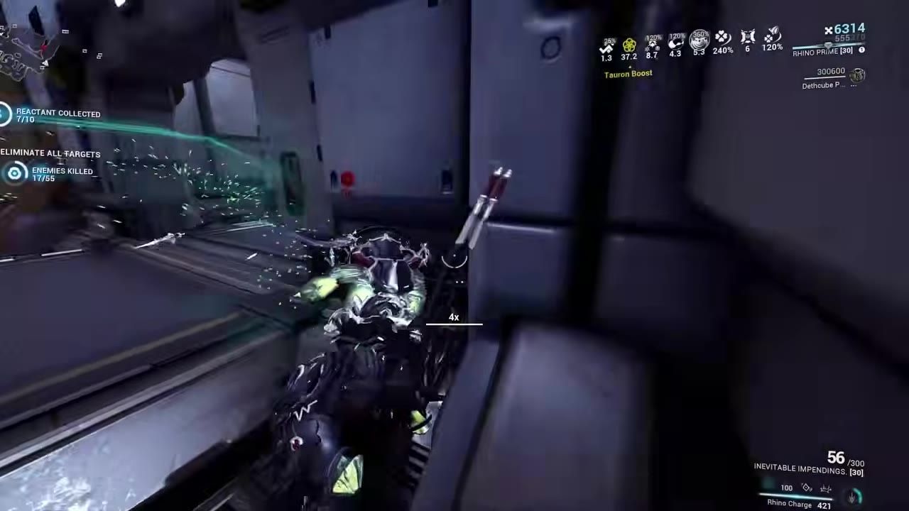 A Warframe character using Rhino Charge ability in combat.