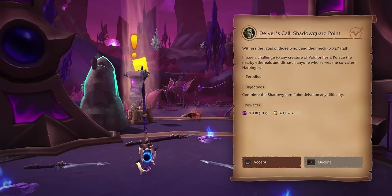 Game screenshot showing a Delver's Call quest interface and the environment near a delve entrance.