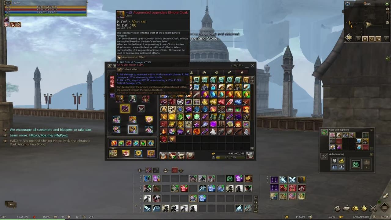 Game interface showing inventory screen with various items and artifacts displayed, showing item details including enchantment levels.