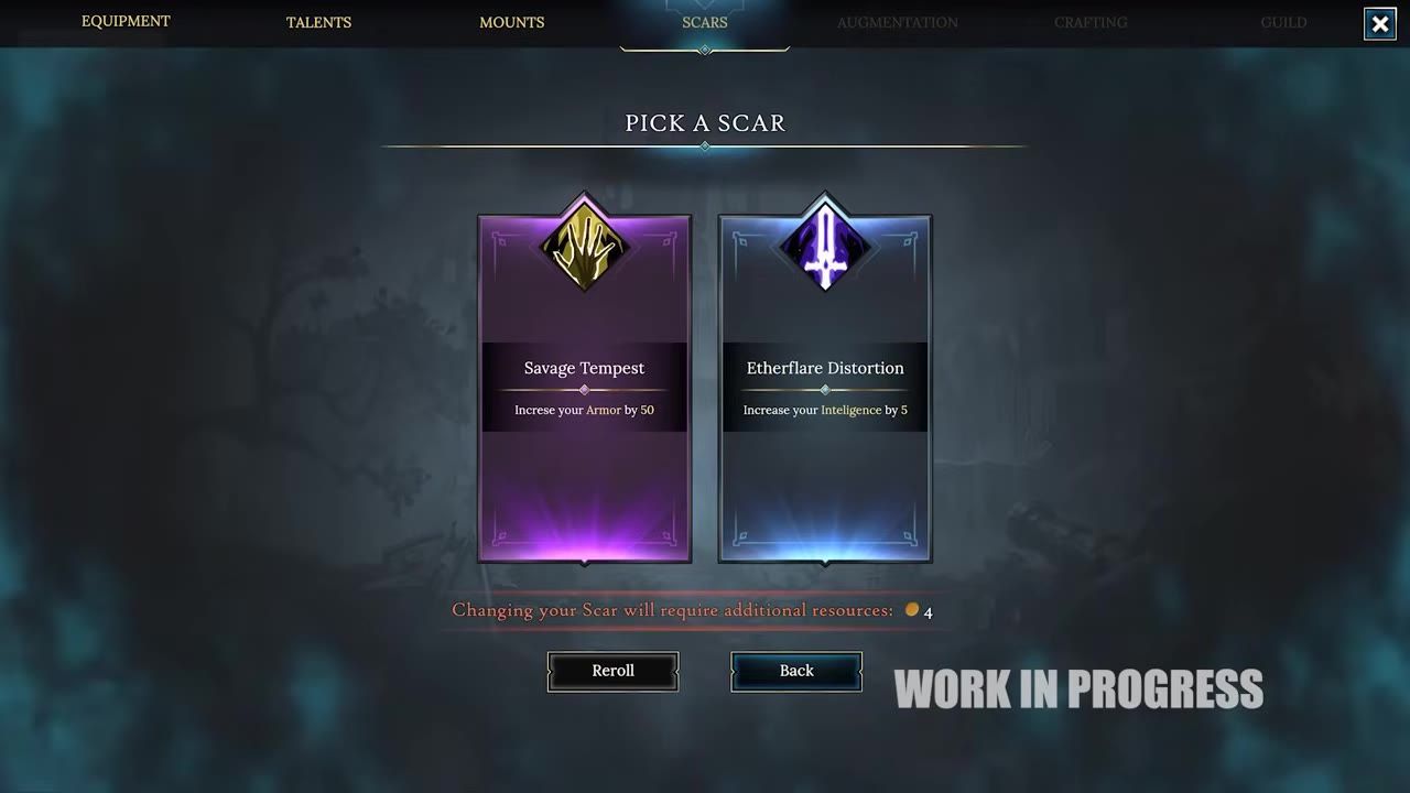 Scar selection interface with choices Savage Tempest and Etherflare Distortion, and associated descriptions.