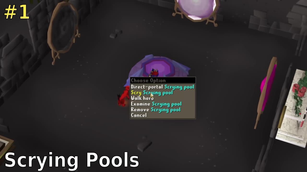View of scrying pool and its option interface in the game portal room.