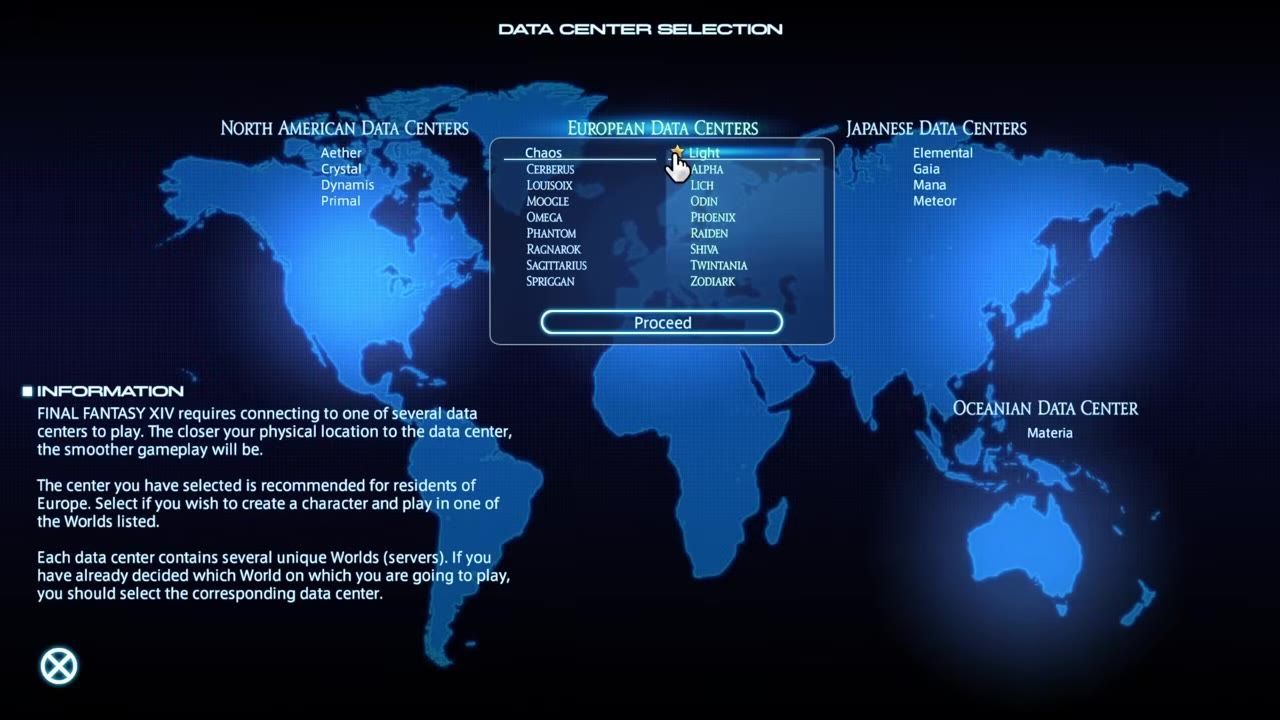 Data center selection screen of Final Fantasy XIV with regions highlighted on a world map.