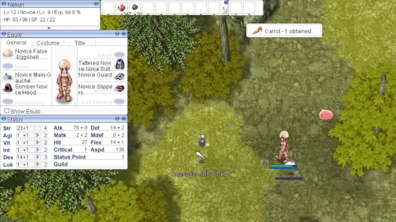 Game interface showing character equipment, stats including Agi and Dex, and a gameplay scene.