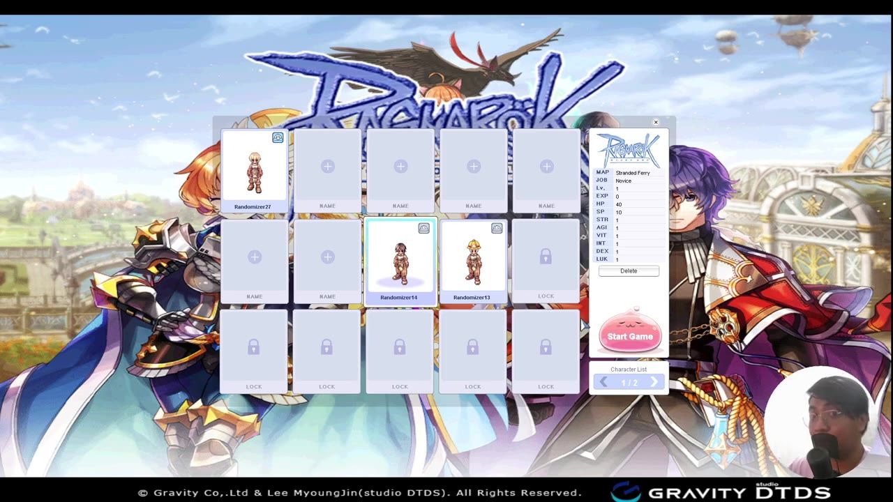 A Ragnarok Online character select screen shows several novice character slots, a highlighted novice character, and a Start Game button.