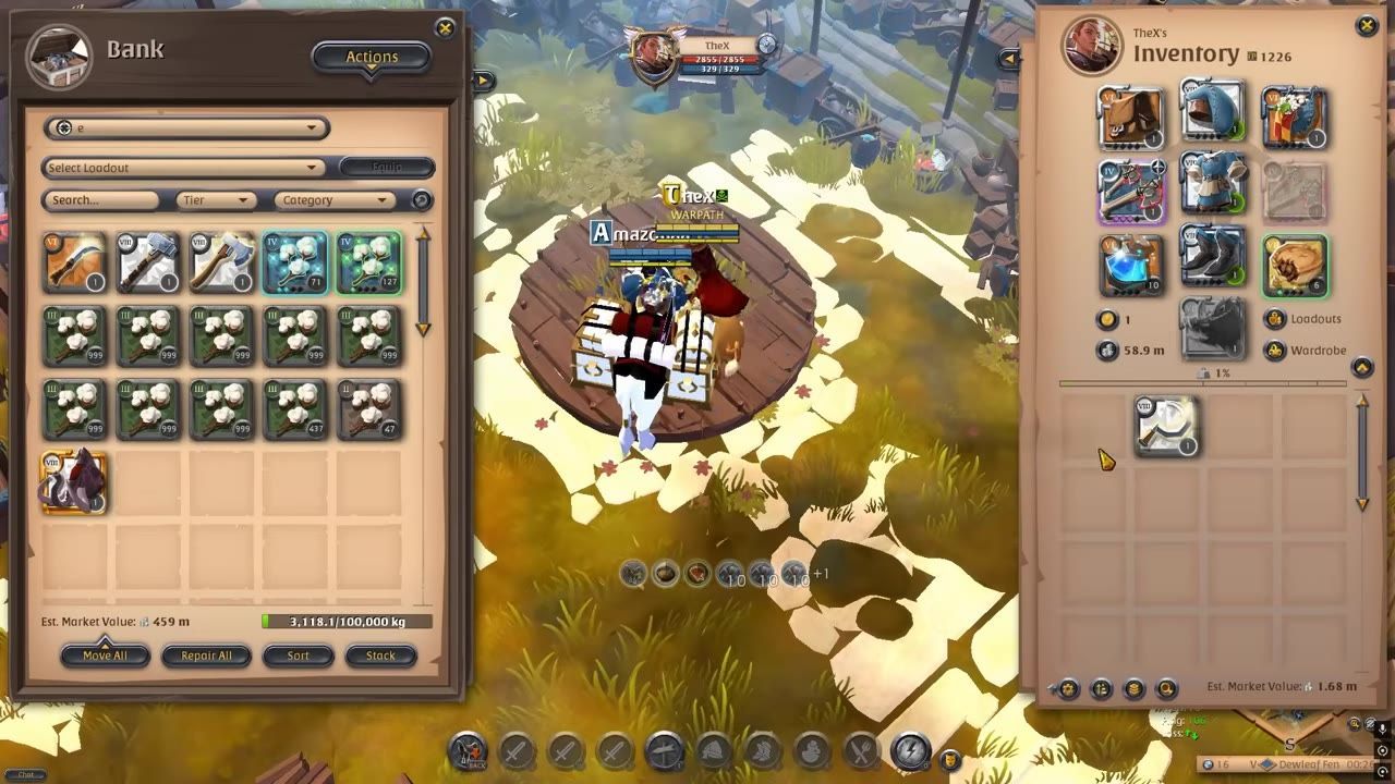 A game screen showing a player's inventory and mounted character on a platform, with gathering gear and items visible.
