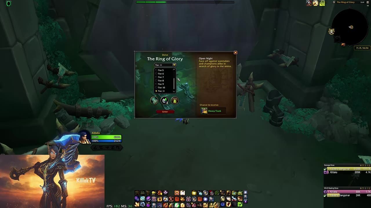 Game interface showing the Ring of Glory delve menu, with Open Night highlighted.