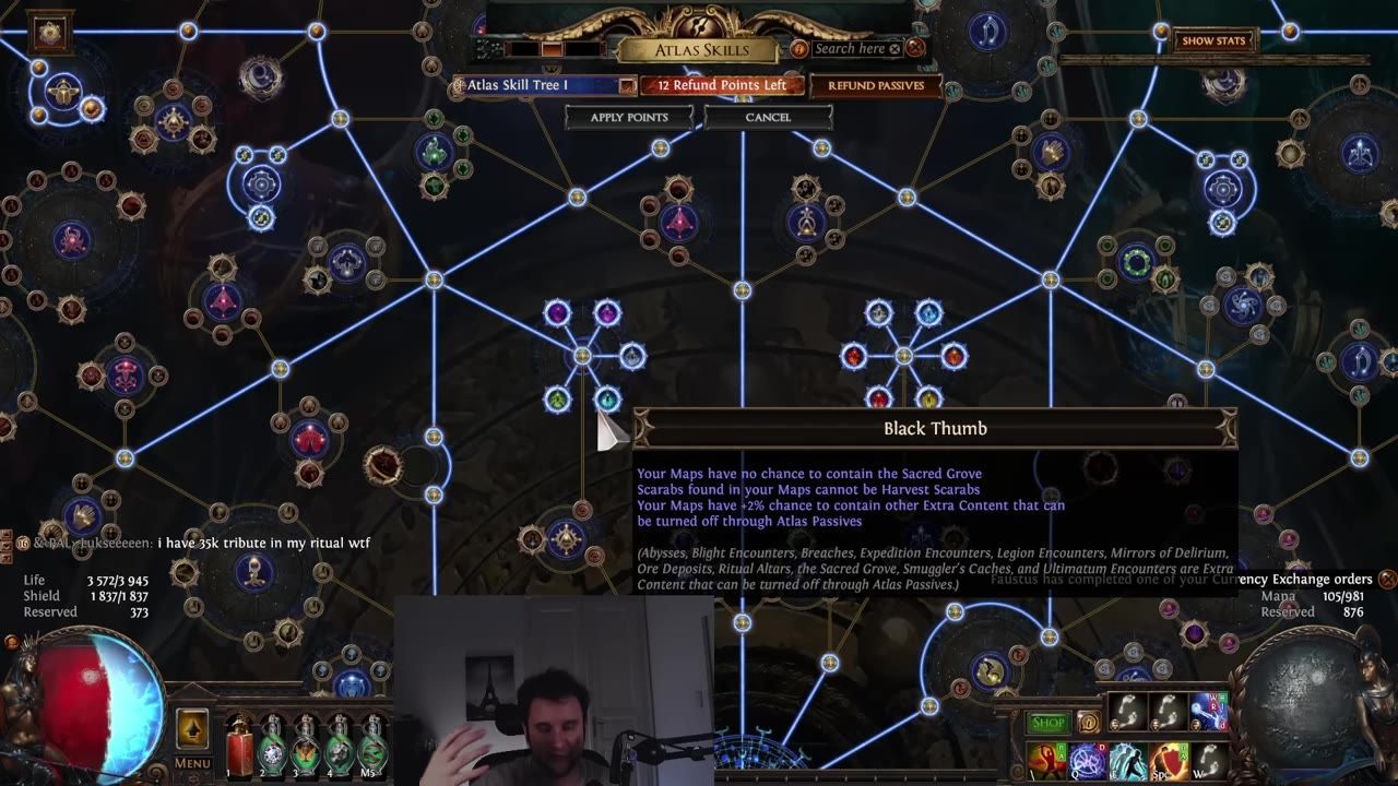 The Atlas passive tree is shown with nodes and connections highlighted; the tooltip for 'Black Thumb' is open.