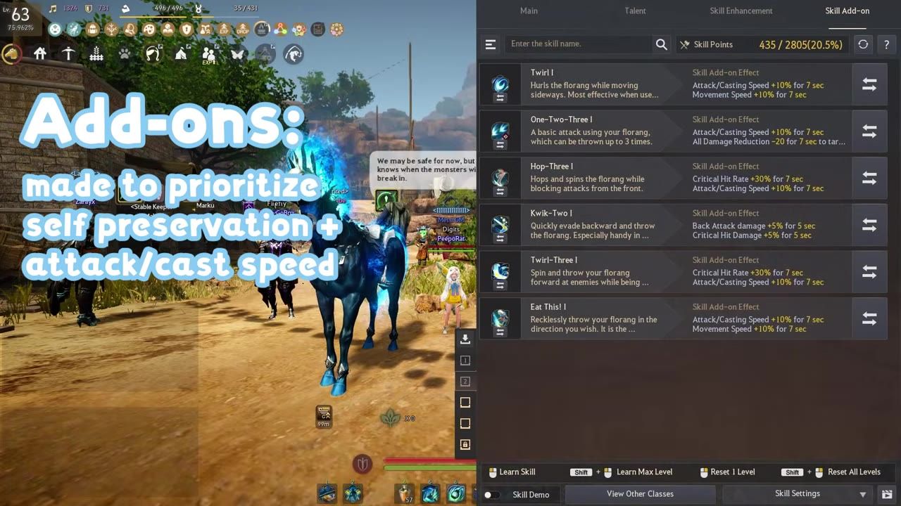 A game screen shows the Shai skill add-on menu open on the right with multiple skill add-on effects listed, while a large overlay text on the left says add-ons are made to prioritize self preservation and attack/cast speed.