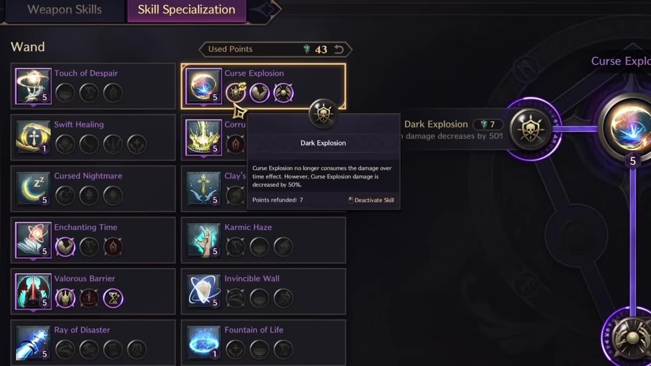 A skill specialization screen showing Normal Curse Explosion and its modification, Dark Explosion.