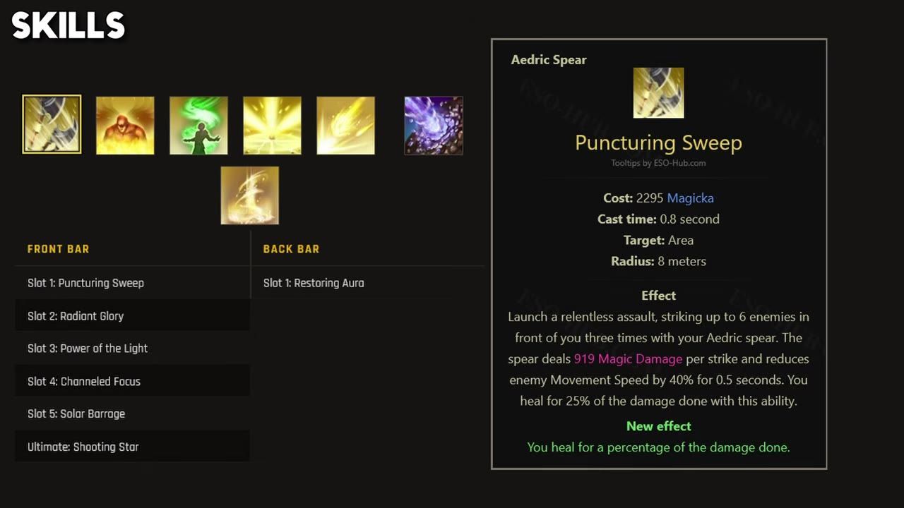 Game UI displaying the skills interface with Puncturing Sweeps, Radiant Glory, and Power of the Light selected and detailed.