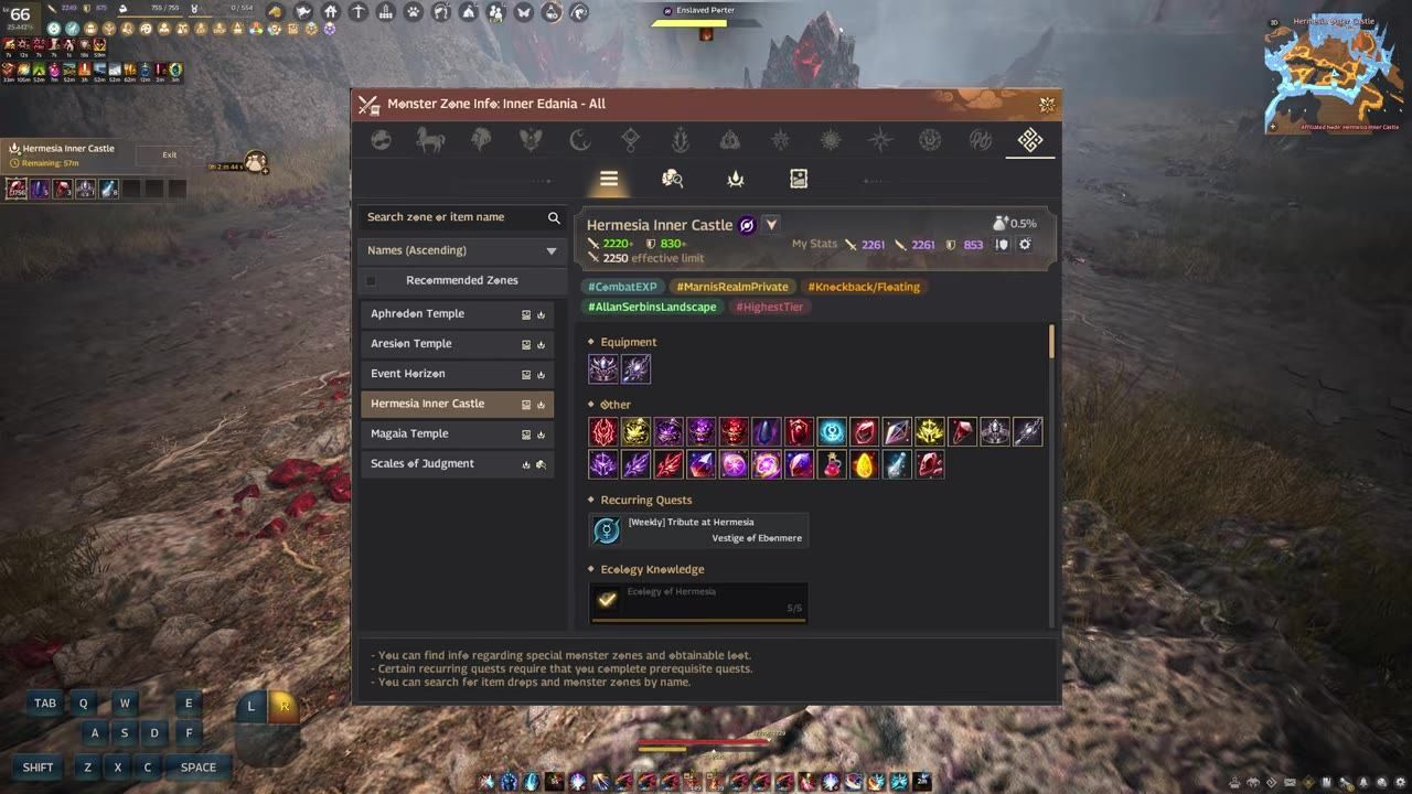 A game interface showing information about Hermesia Inner Castle including recommended AP and damage reduction settings.