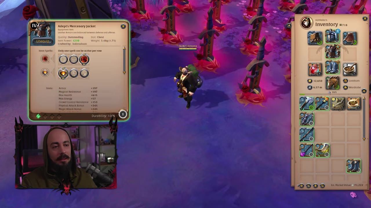 Game interface showing equipped Mercenary Jacket and inventory screen.