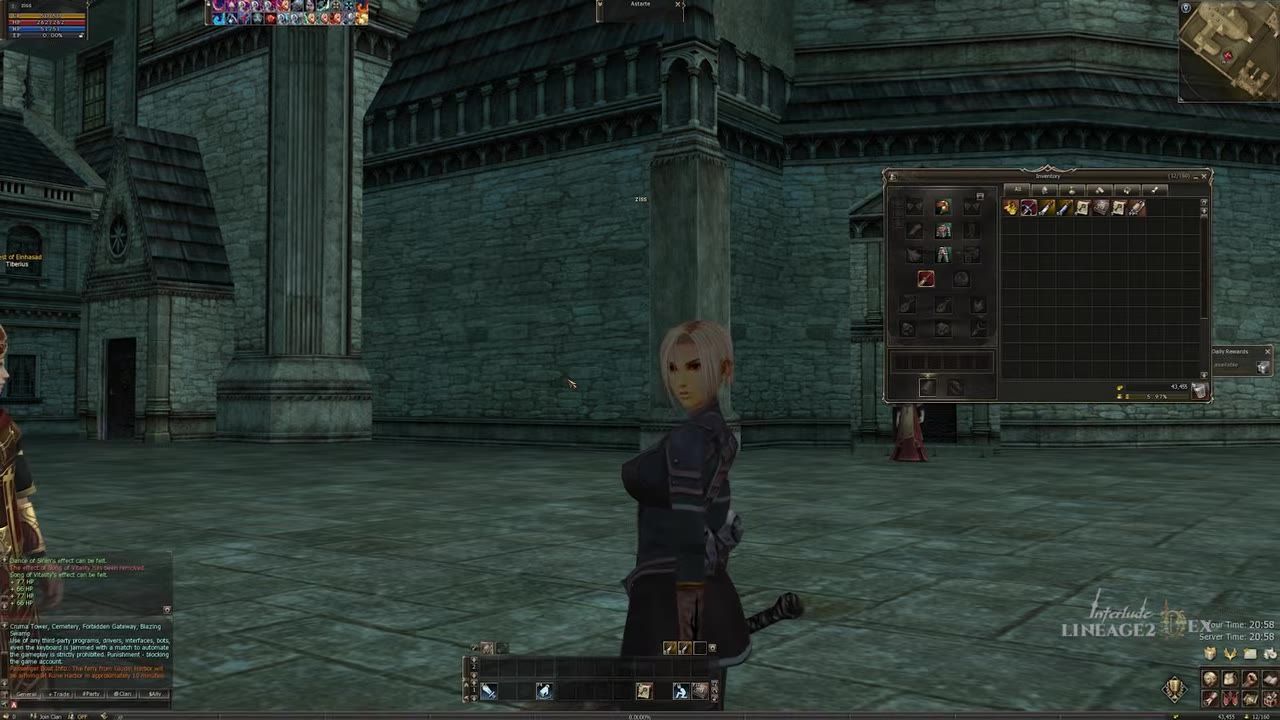 A character standing in a stone courtyard with an open inventory window visible.