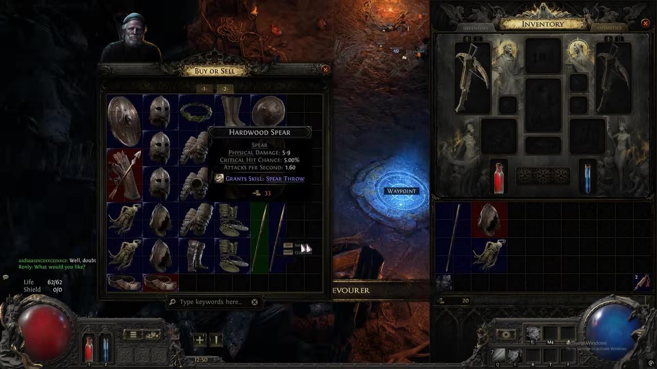 Two inventories visible, one with items for sale including a highlighted spear and the player's inventory showing acquired items.
