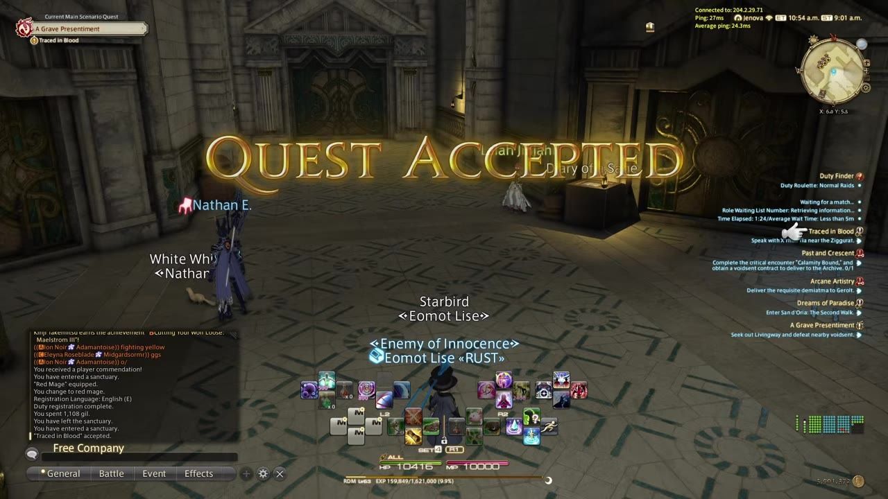 A game screen showing the "Quest Accepted" message overlay and a quest tracker on the right sidebar.