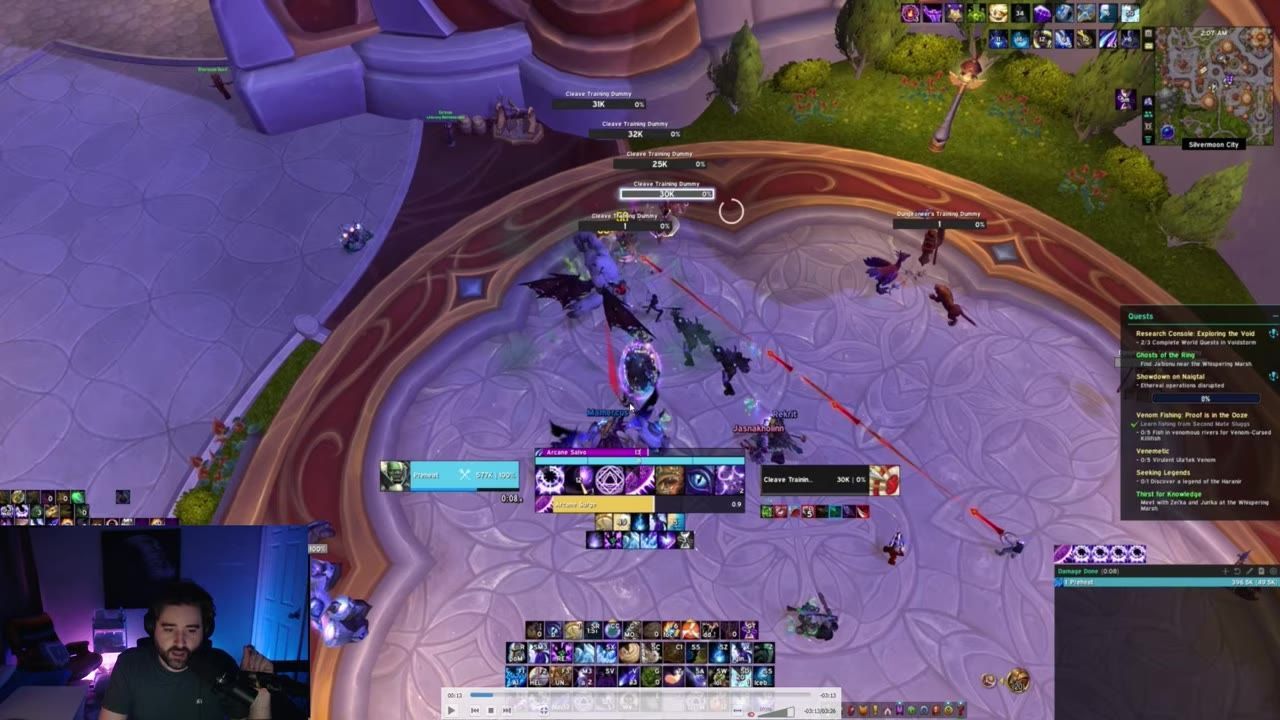 Gameplay screen showing a player activating Arcane Surge during combat.