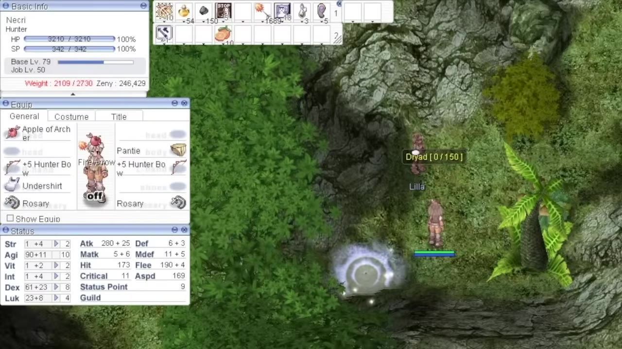 A gameplay screen showing character stats and equipment windows alongside game environment and inventory.