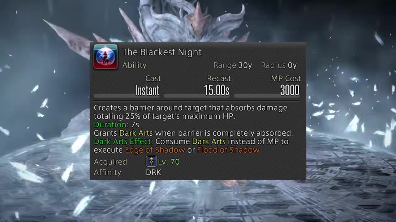 The Blackest Night skill details with a background showing a dark magical scene.